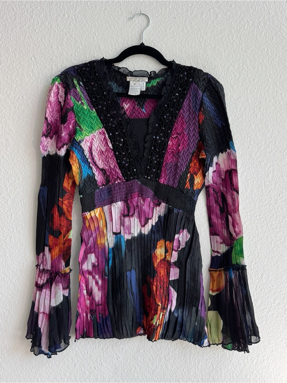 ALBERTO MAKALI Black Multi Floral Pleated V-Neck Top SZ 8